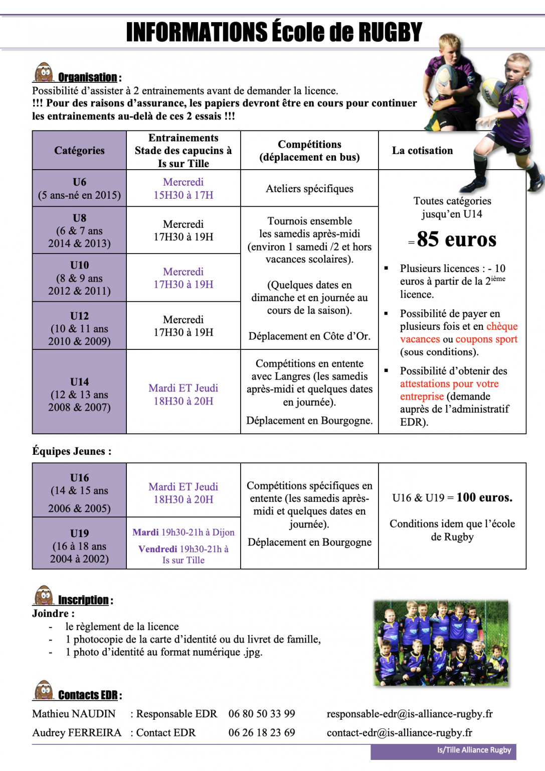 Infos pratiques pour l'inscription au rugby IS ALLIANCE RUGBY